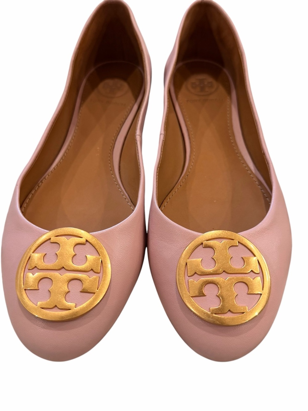 Tory Burch Benton 2 Leather Ballet Flats Sea Shell Pink Gold Logo Size 6